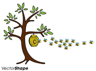 Bees flying away from the bee hive on a tree