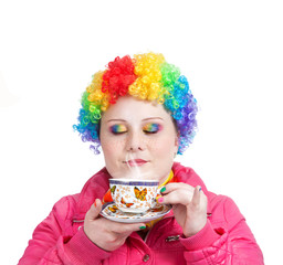 Rainbow Clown with cup of tea