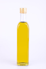 Square glass bottle of olive oil isolated