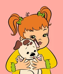 Poster Vintage cartoon meisje met puppy © pugovica_88