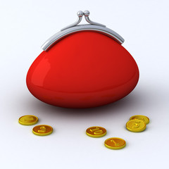 Naklejka na ściany i meble Red abstract purse with gold coins 3d