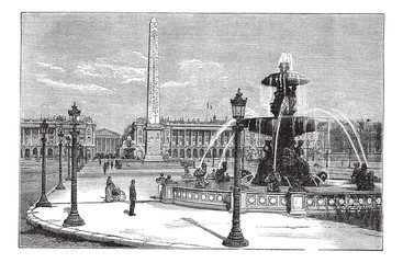 Place de la Concorde in Paris France vintage engraving - obrazy, fototapety, plakaty