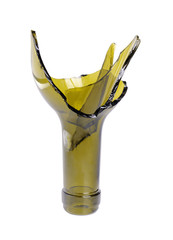 broken green wine bottle isolated on the white background