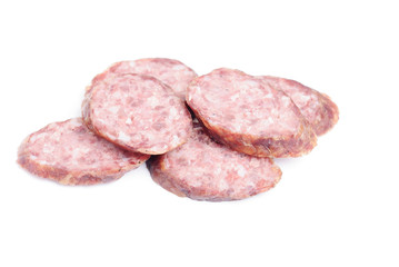 Sausage sliced isolation on  white  background .Meat  product.