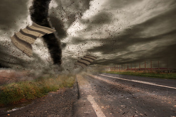 Large tornado over a road