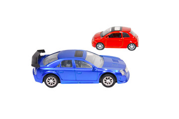 The small blue and red toy cars