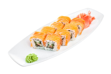 Sushi (Roll unagi maki syake) on a white background