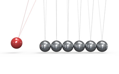 Newtons cradle White floor. One red Ball in the Pendulum.