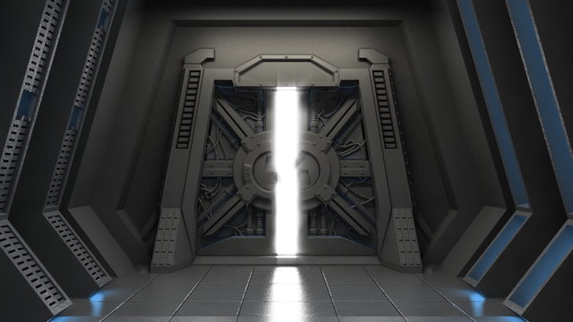 Science fiction interior with opening gate.