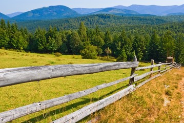 Fototapeta na wymiar wooden fence on a mountain pasture