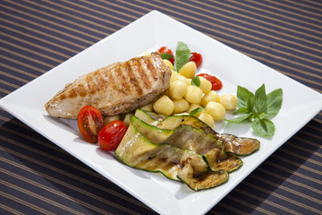 Grilled chicken breast w grilled aubergine and gnocchi