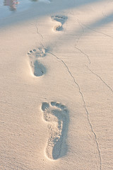 Fototapeta na wymiar Footprints on the beach left behind