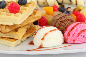 Waffles with ice cream and fruits