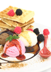 Waffles with vanilla, strawberry and chocolate ice cream