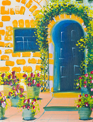 poster color drawing door and flowers