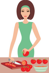 Young woman cuts tomatoes. vector
