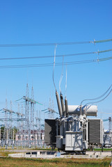 The powerful transformer on electrical substation