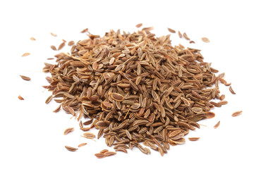 pile dill seeds on white background