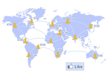 world map with social network and like button