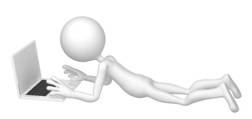 3d character laying with laptop.