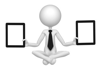 Businessman meditating with two tablet computers