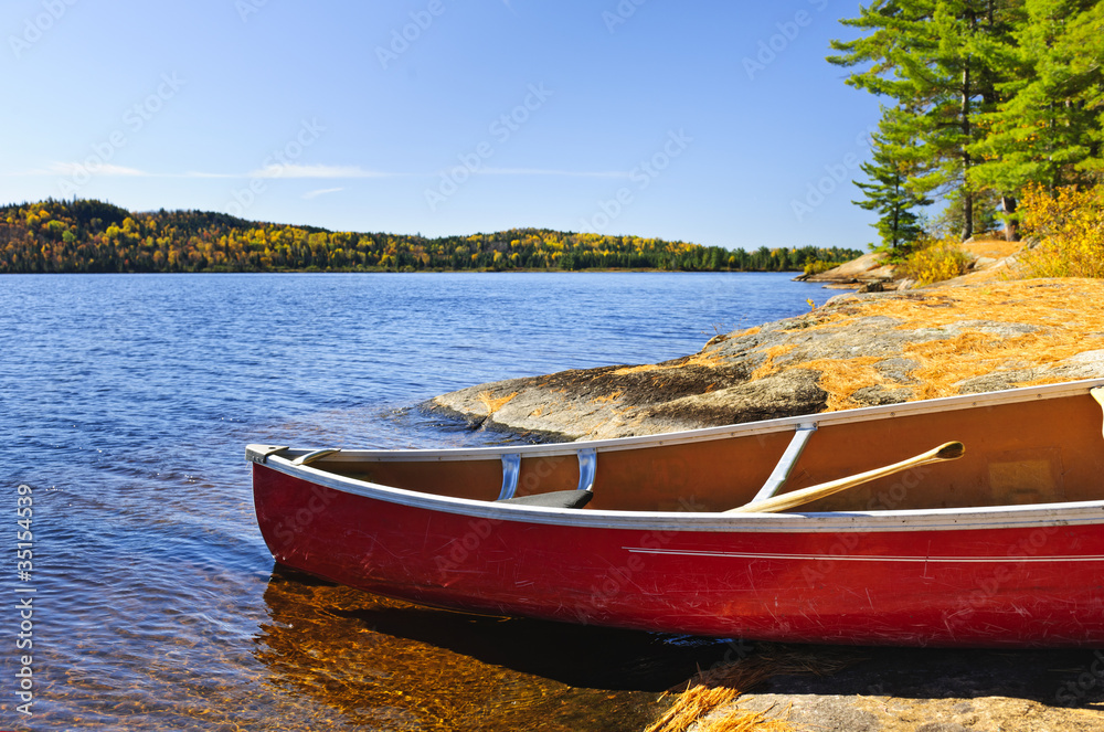 Poster Red canoe on shore