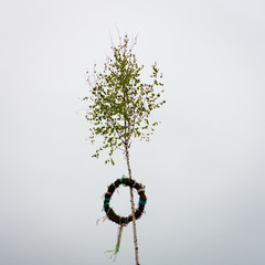 Birch maypole decorated with a garland