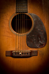 Close-up of Old, Beat-up, Vintage Acoustic Guitar