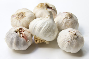 Teste d'aglio su fondo bianco