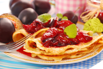 pancakes with fresh plum`s confiture