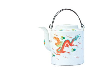 white color teapot with dragon design