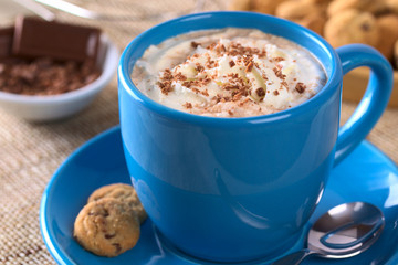 Hot chocolate, whipped cream and chocolate shavings
