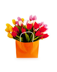 Tulips in the bag isolated on white