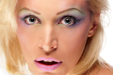 blonde woman with bright makeup