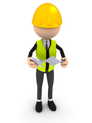 Engineer with blueprint over white background