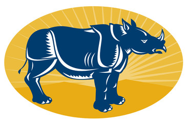 rhinoceros side view woodcut
