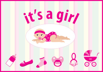 Baby girl arrival announcement card. vector