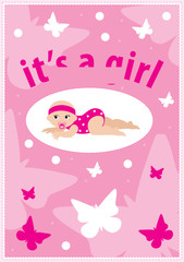 Baby girl arrival announcement card. vector