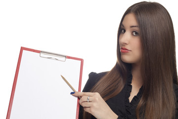 Young business woman shows something with pen