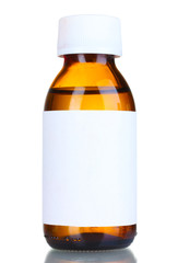 Liquid medicine in glass bottle isolated on white