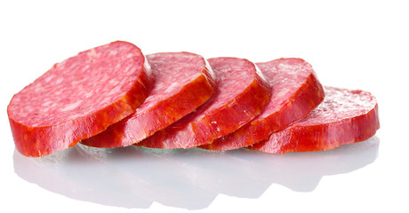 Tasty sausage and spices isolated on white