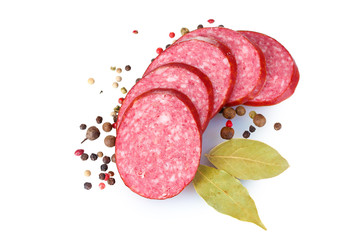 Tasty sausage and spices isolated on white