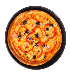 pizza in pan isolated on white