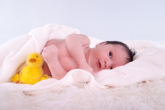 bébé et petit poussin jaune