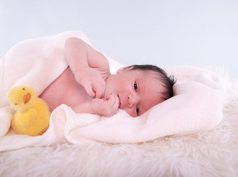 bébé et poussin jaune
