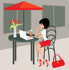 Young woman with the laptop in cafe. Vector