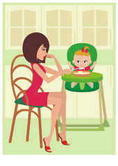 Mum feeds the child. vector