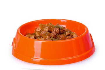 Cat food in bowl isolated on white