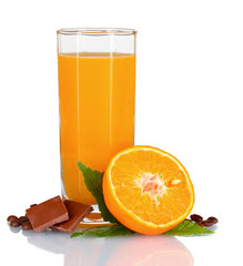 Orange juice in glass and orange isolated on white