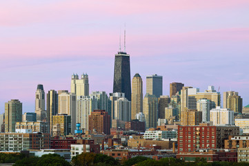 Colorful Chicago skyline at twilight.